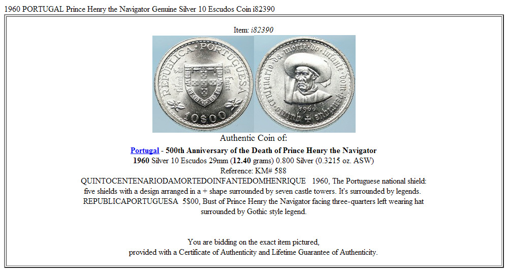 1960 PORTUGAL Prince Henry the Navigator Genuine Silver 10 Escudos Coin i82390