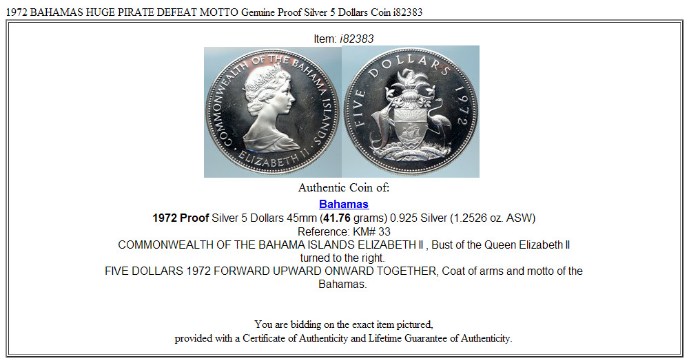 1972 BAHAMAS HUGE PIRATE DEFEAT MOTTO Genuine Proof Silver 5 Dollars Coin i82383