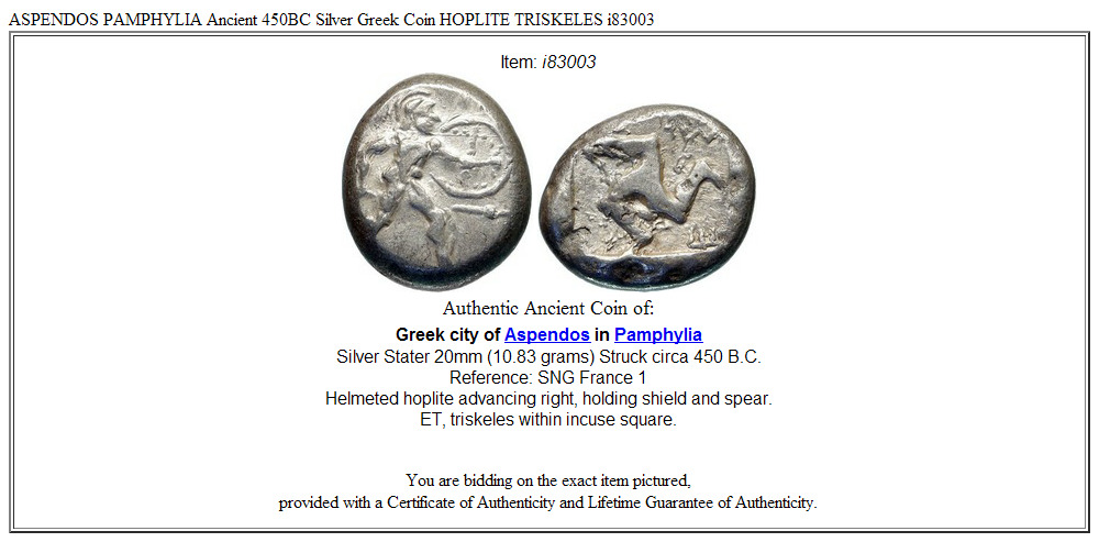 ASPENDOS PAMPHYLIA Ancient 450BC Silver Greek Coin HOPLITE TRISKELES i83003