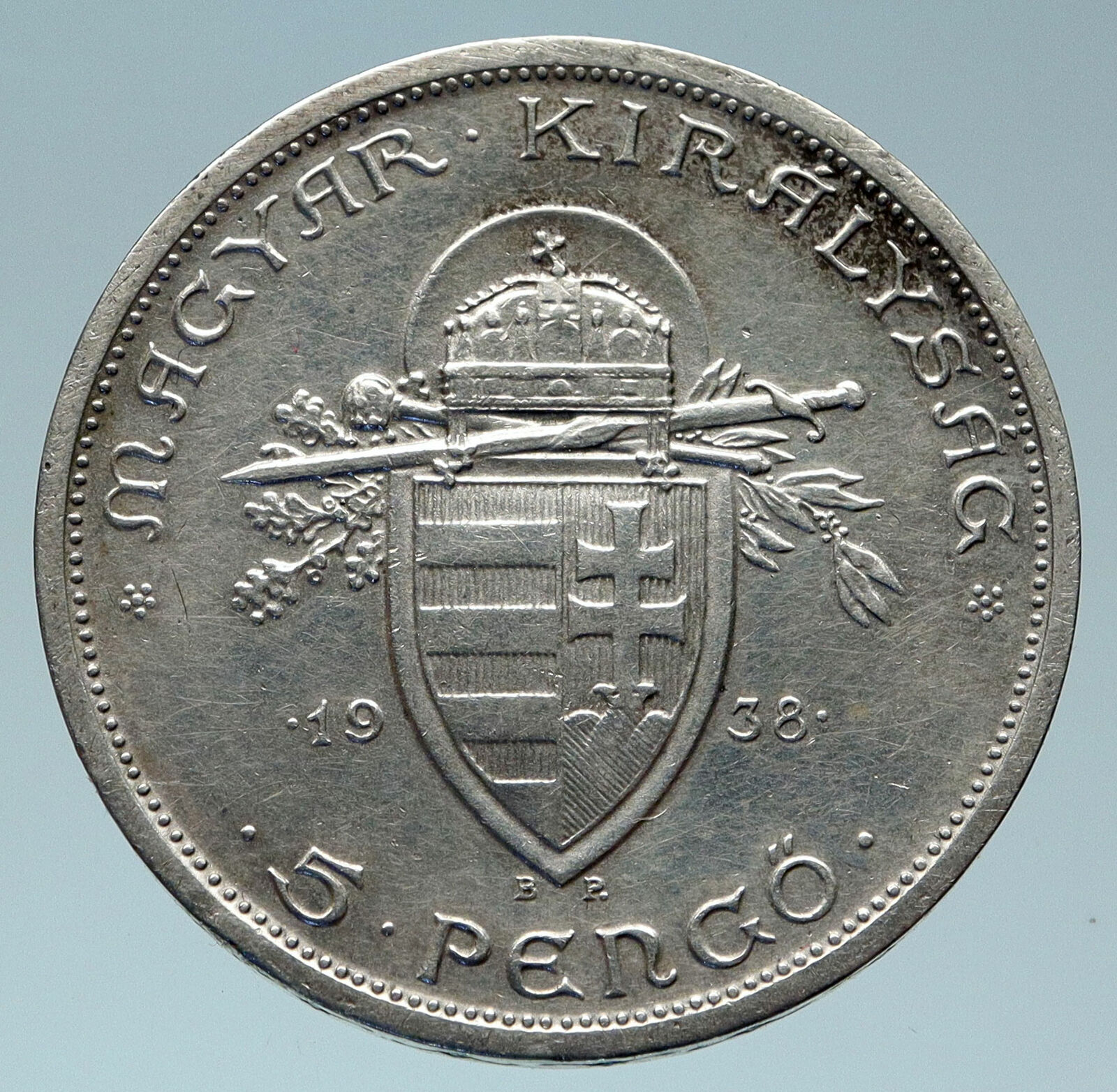 1938 HUNGARY King Saint Stephan Genuine Silver 5 Pengo Hungarian Coin i82927