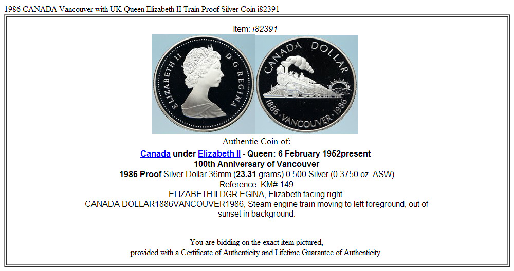 1986 CANADA Vancouver with UK Queen Elizabeth II Train Proof Silver Coin i82391