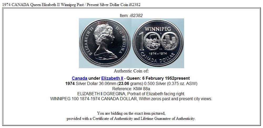 1974 CANADA Queen Elizabeth II Winnipeg Past / Present Silver Dollar Coin i82382