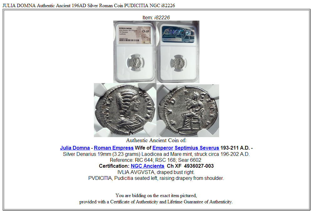 JULIA DOMNA Authentic Ancient 196AD Silver Roman Coin PUDICITIA NGC i82226