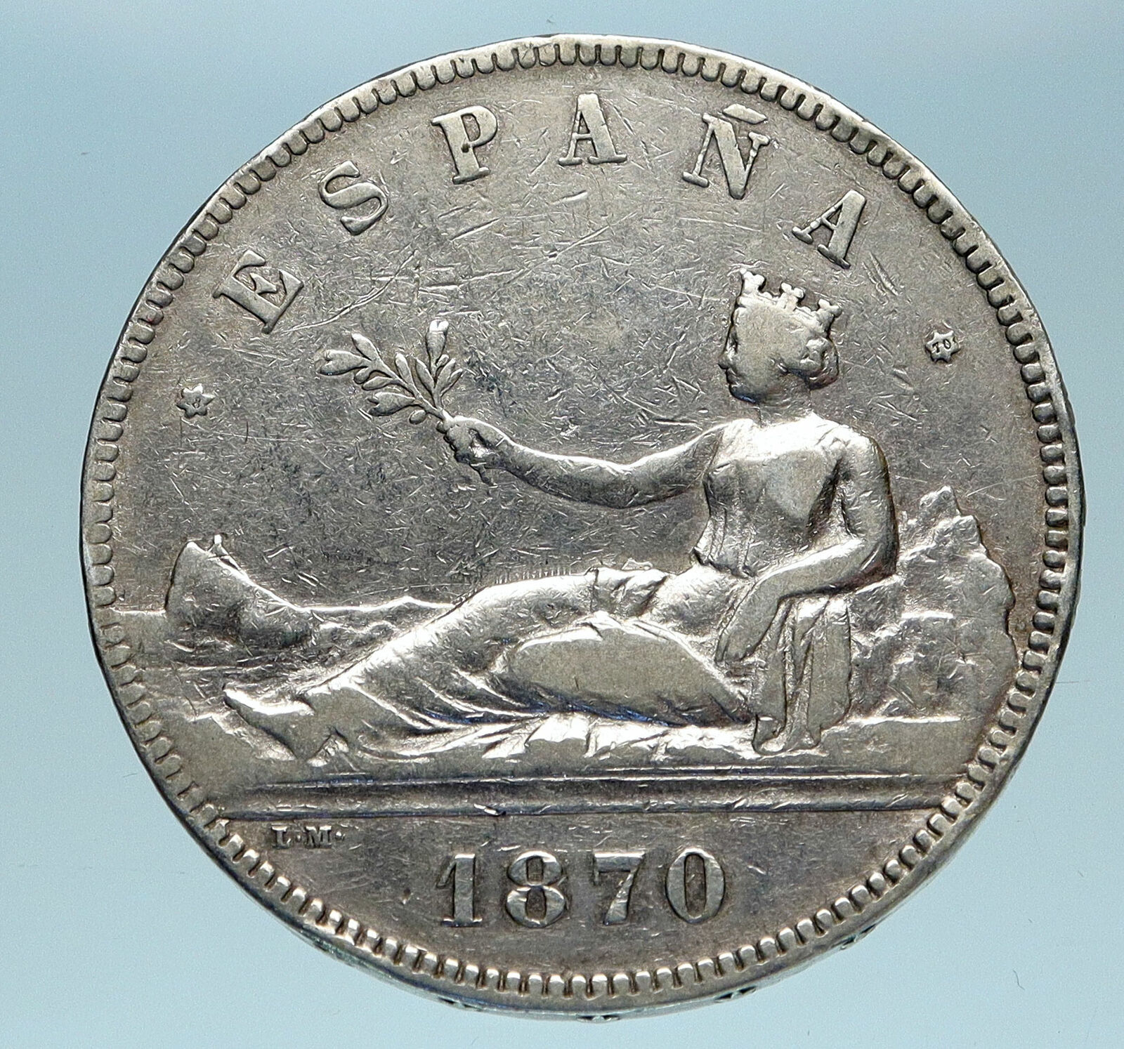 1870 SPAIN Provisional Government Liberty Genuine Silver 5 Pesetas Coin i83184