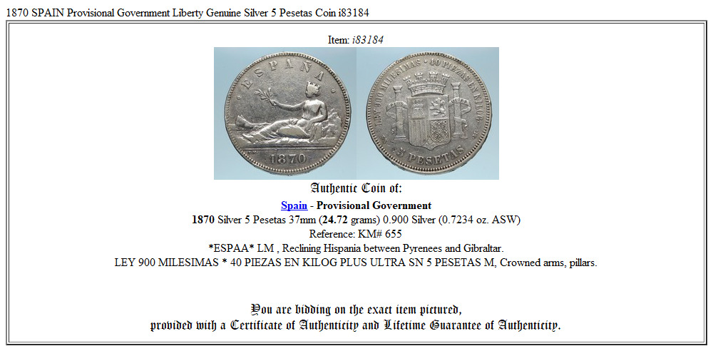 1870 SPAIN Provisional Government Liberty Genuine Silver 5 Pesetas Coin i83184