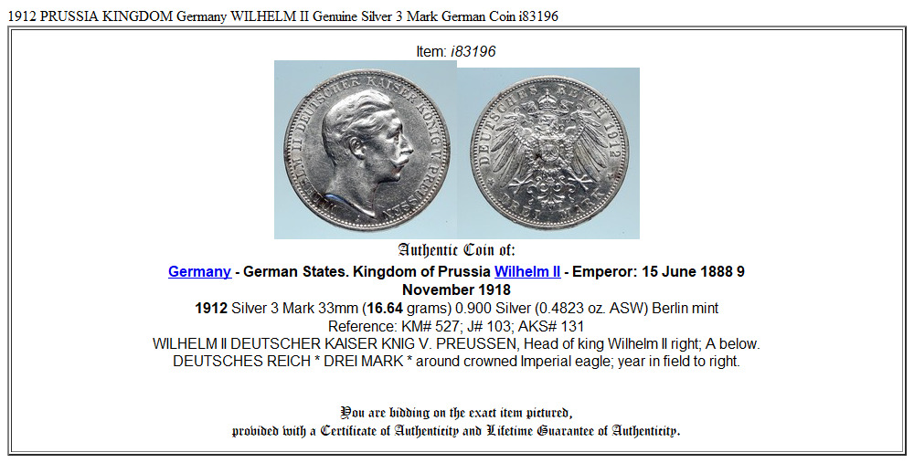 1912 PRUSSIA KINGDOM Germany WILHELM II Genuine Silver 3 Mark German Coin i83196