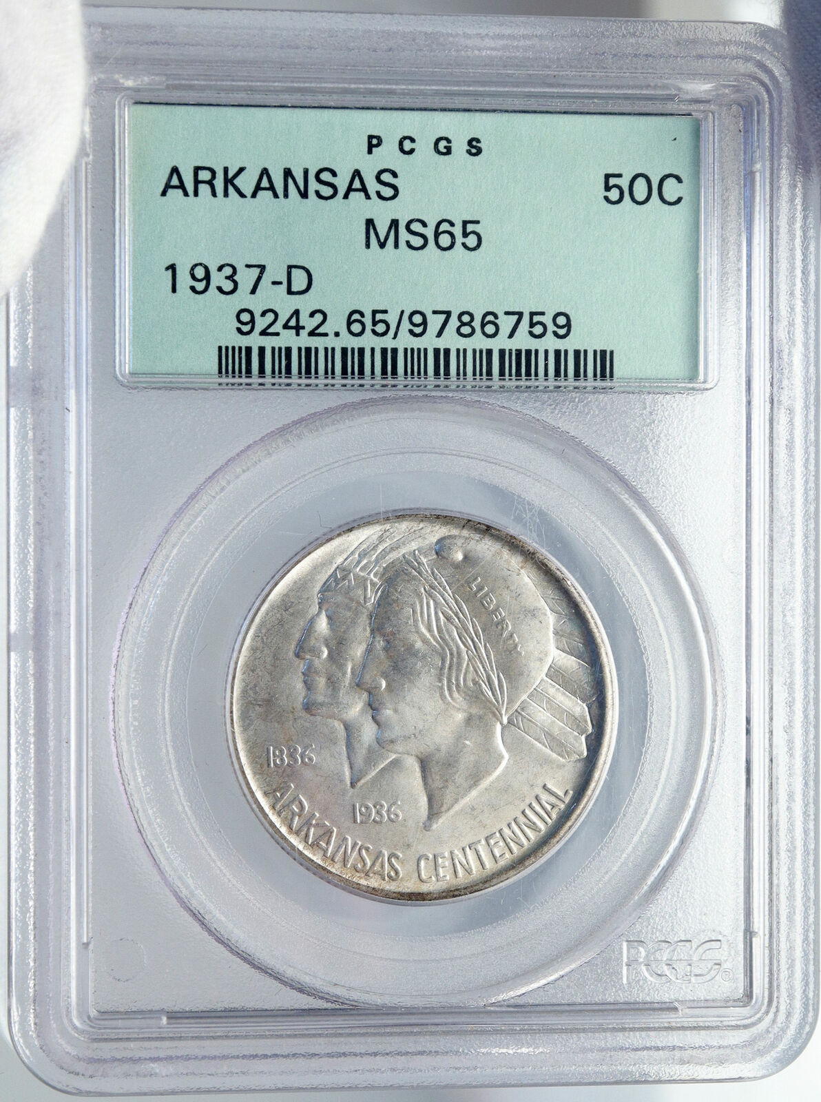 1937 ARKANSAS 100th Commemorative Silver Half Dollar US Coin PCGS MS 65 i82840