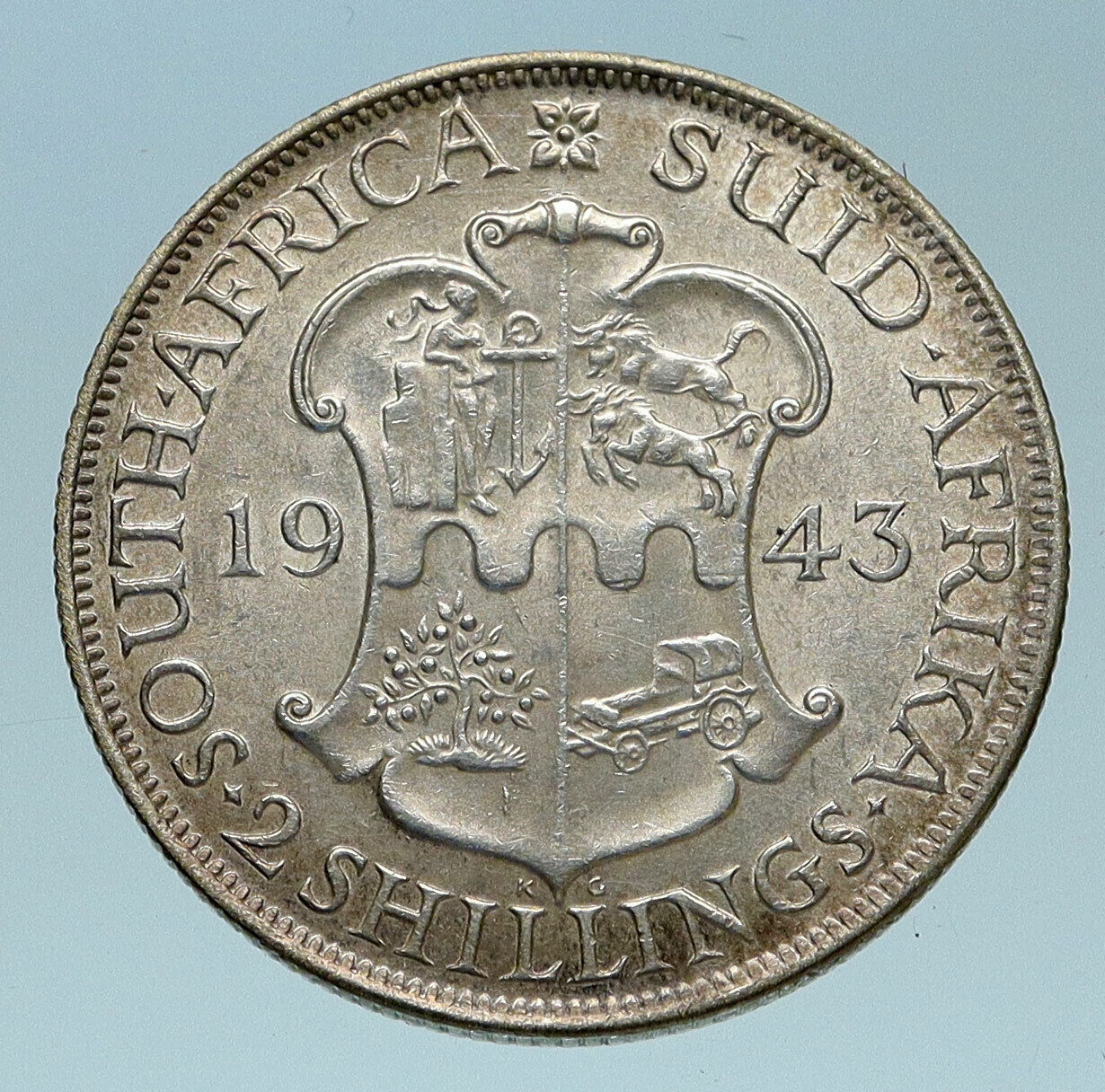 1943 SOUTH AFRICA Large GEORGE VI Shields Genuine Silver 2 Shillings Coin i83220