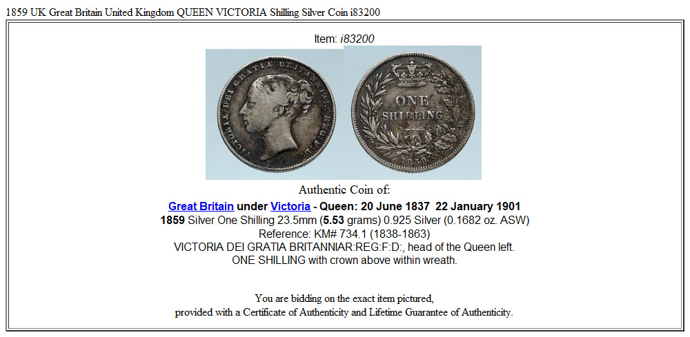 1859 UK Great Britain United Kingdom QUEEN VICTORIA Shilling Silver Coin i83200