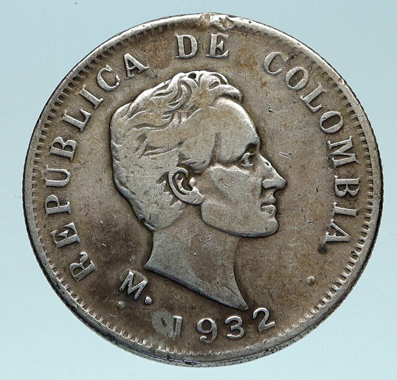 1932 COLUMBIA Simon Bolivar Eagle Shield Genuine Silver 50 Centavos Coin i83198