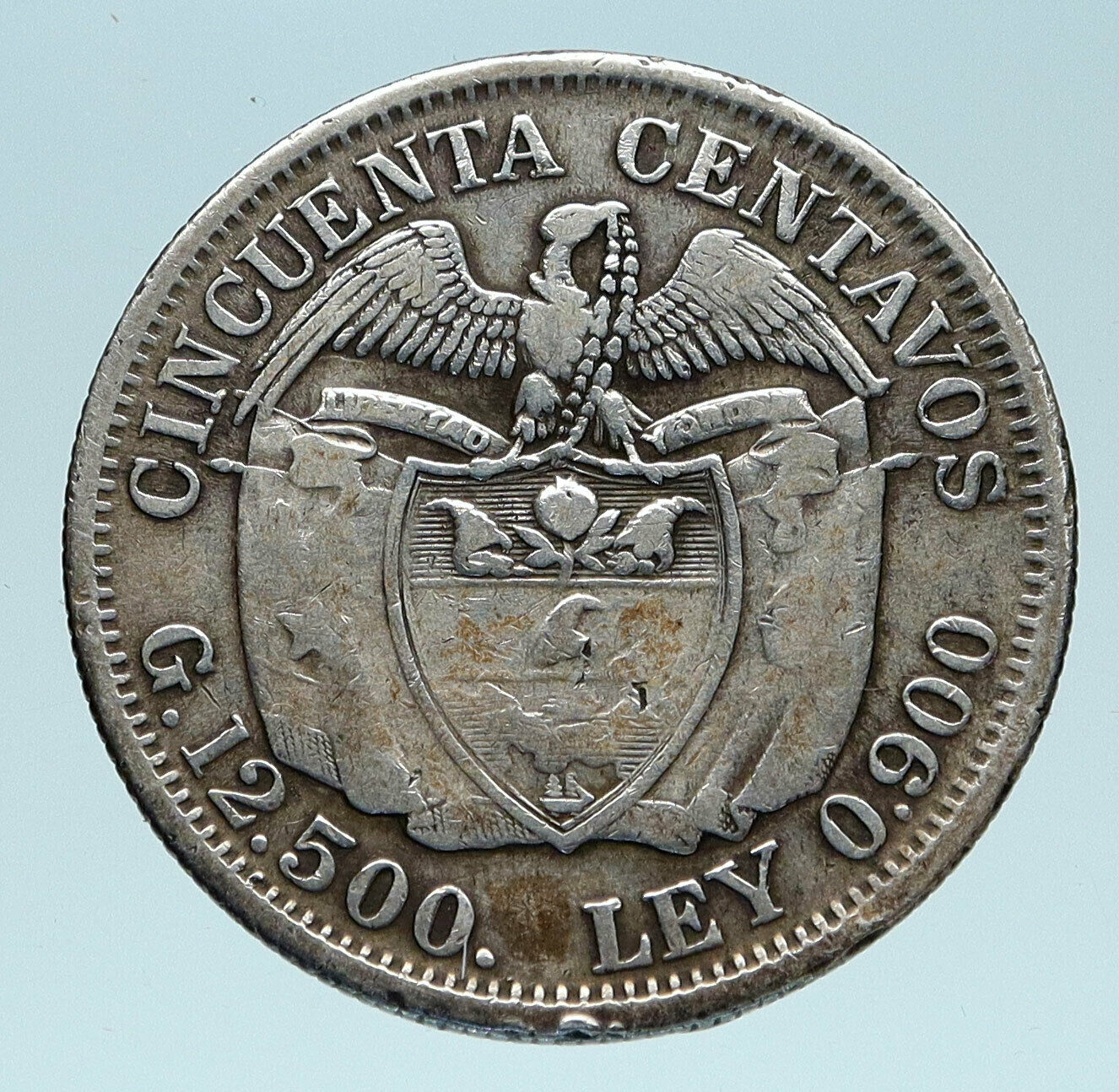 1932 COLUMBIA Simon Bolivar Eagle Shield Genuine Silver 50 Centavos Coin i83198