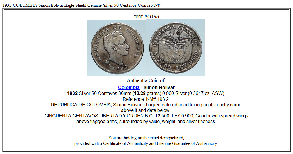 1932 COLUMBIA Simon Bolivar Eagle Shield Genuine Silver 50 Centavos Coin i83198