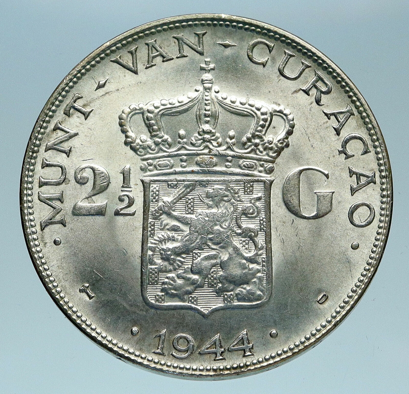 1944 CURACAO Netherlands Kingdom Queen WILHELMINA Silver 2.5 Gulden Coin i83214