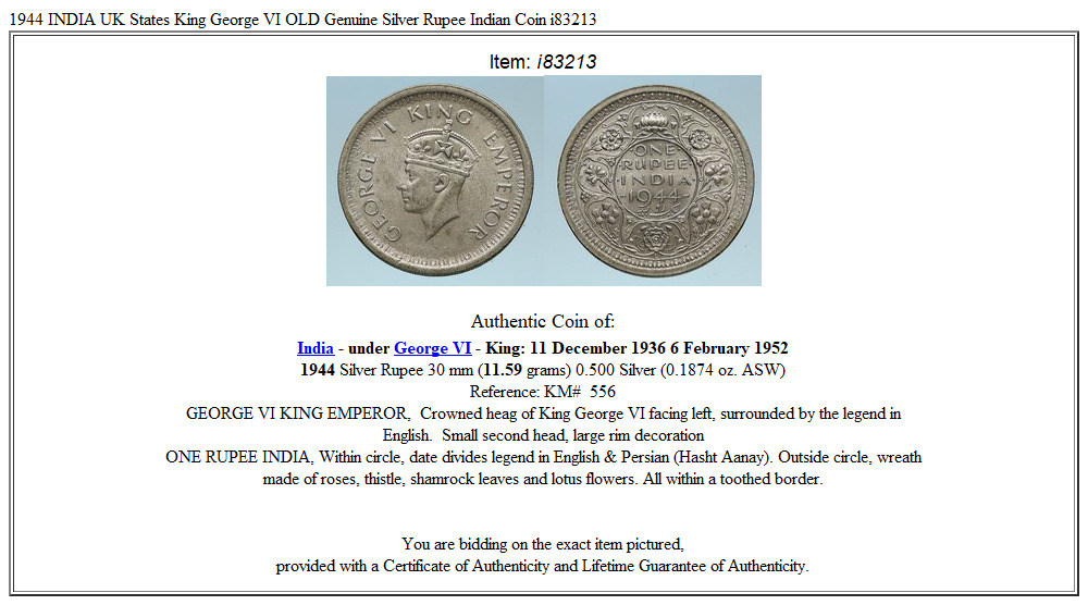 1944 INDIA UK States King George VI OLD Genuine Silver Rupee Indian Coin i83213