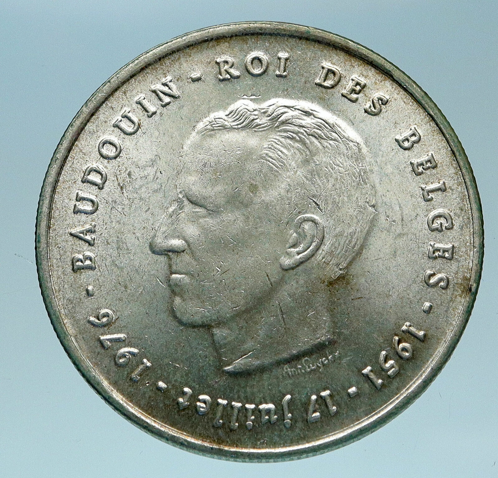 1976 BELGIUM King Baudouin Genuine Antique 25th Yr Silver 250 Francs Coin i83210