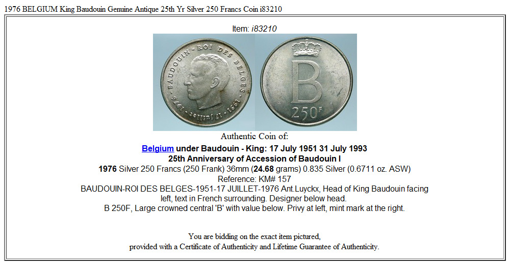 1976 BELGIUM King Baudouin Genuine Antique 25th Yr Silver 250 Francs Coin i83210