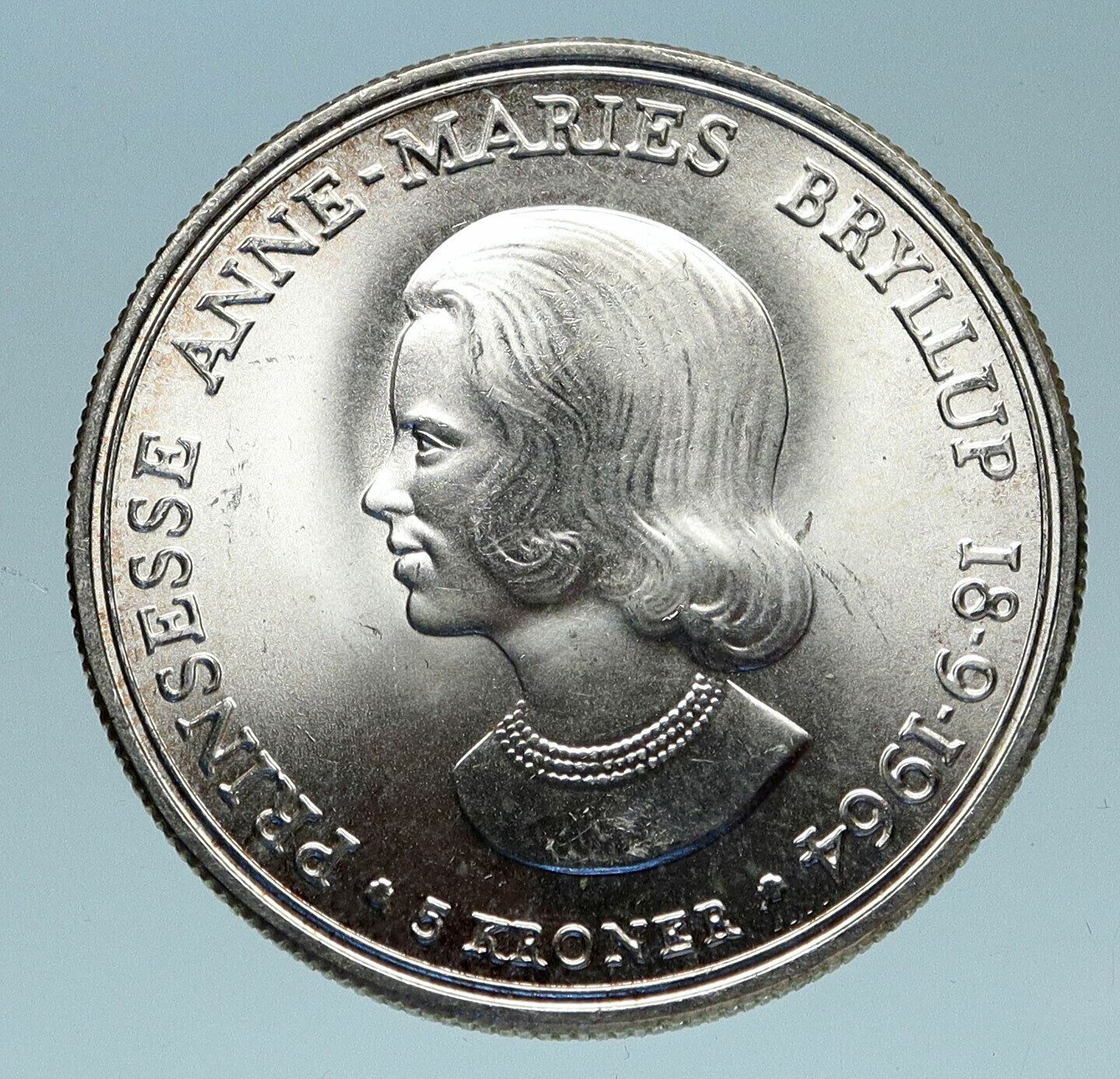 1964 DENMARK King Frederick IX Silver Princess ANNE MARIE WEDDING 5K Coin i83212