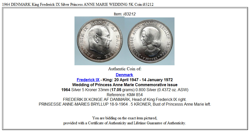 1964 DENMARK King Frederick IX Silver Princess ANNE MARIE WEDDING 5K Coin i83212