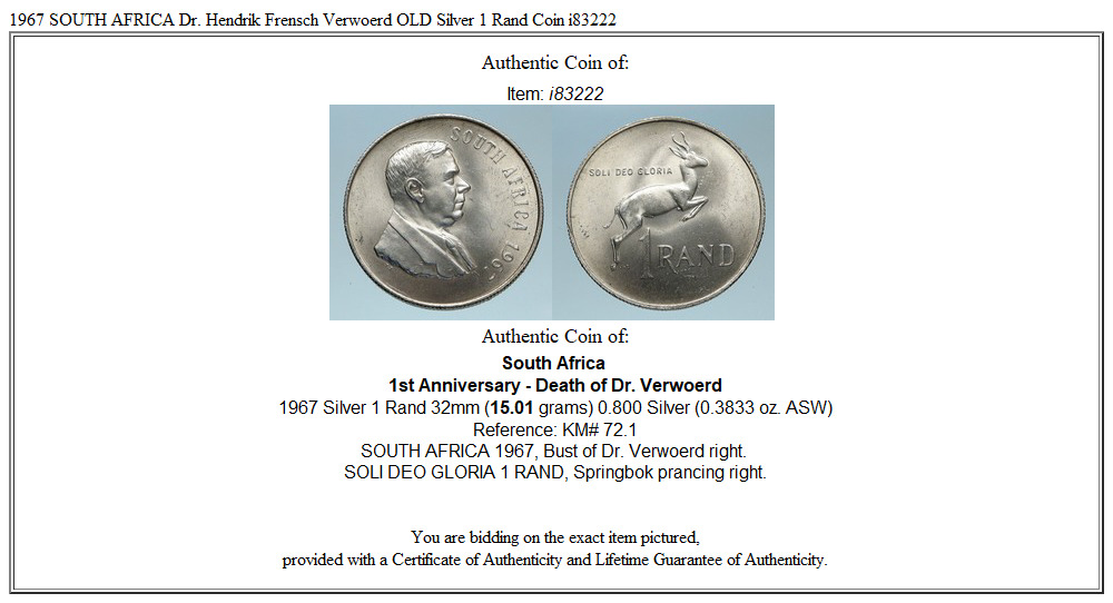 1967 SOUTH AFRICA Dr. Hendrik Frensch Verwoerd OLD Silver 1 Rand Coin i83222