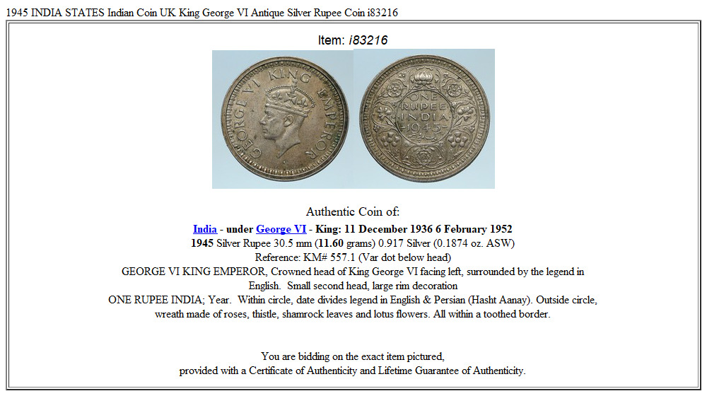 1945 INDIA STATES Indian Coin UK King George VI Antique Silver Rupee Coin i83216