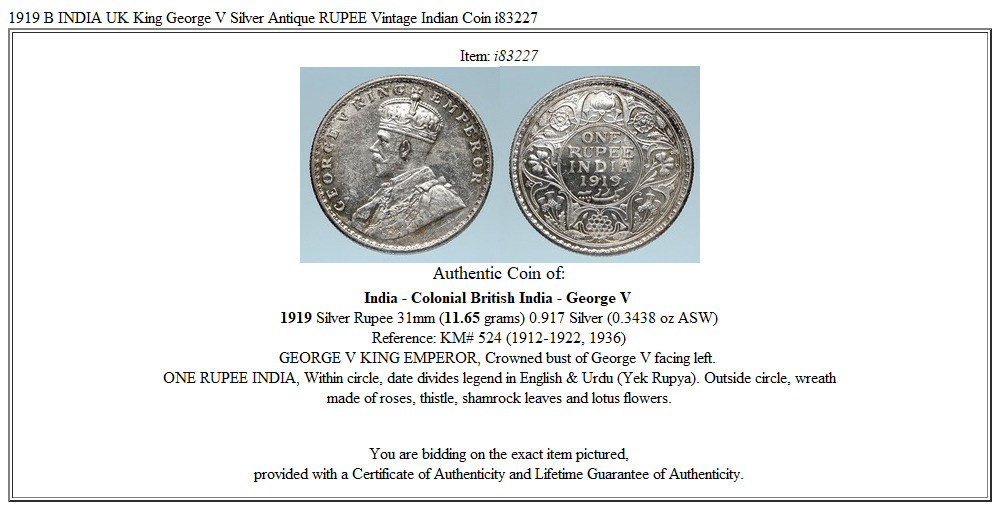 1919 B INDIA UK King George V Silver Antique RUPEE Vintage Indian Coin i83227