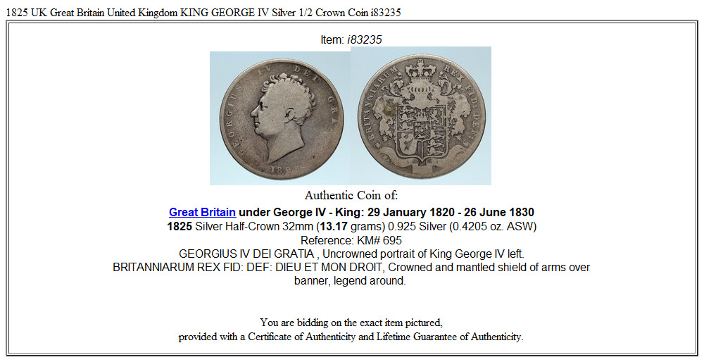 1825 UK Great Britain United Kingdom KING GEORGE IV Silver 1/2 Crown Coin i83235