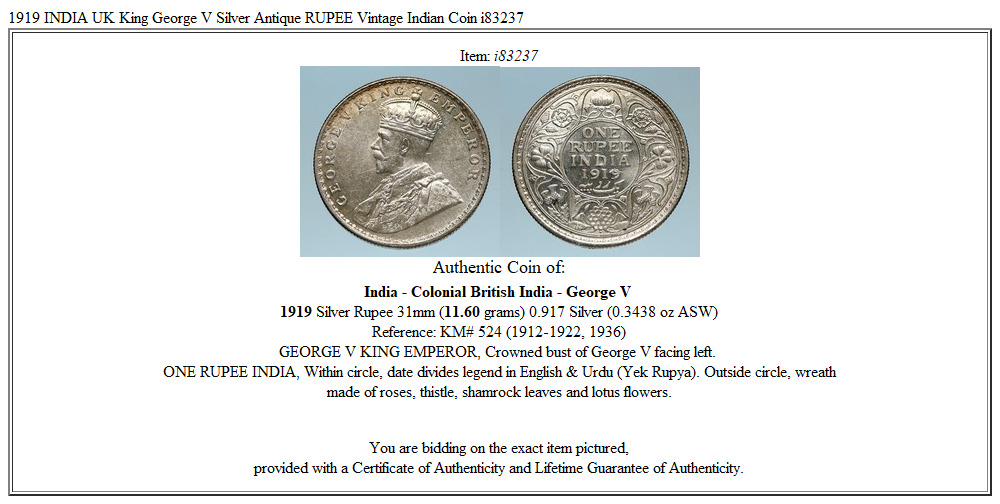 1919 INDIA UK King George V Silver Antique RUPEE Vintage Indian Coin i83237