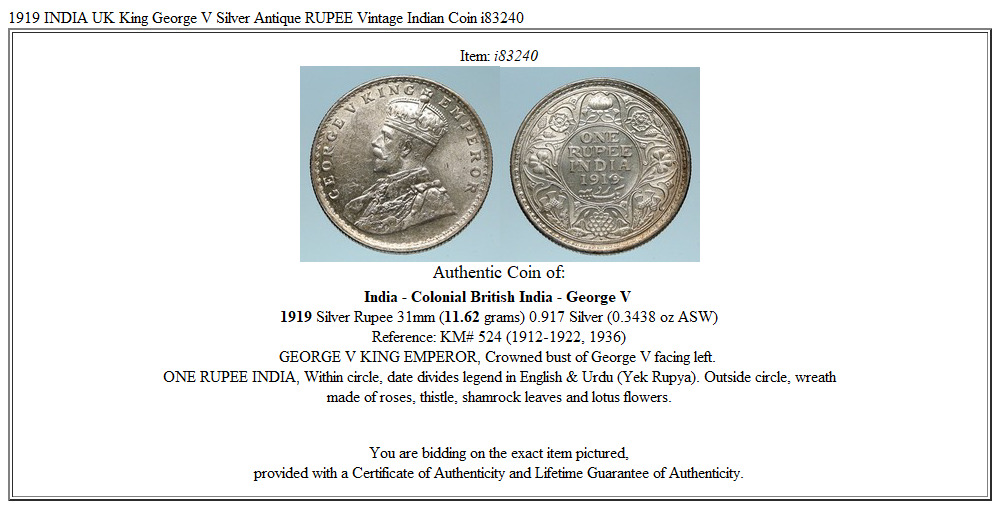 1919 INDIA UK King George V Silver Antique RUPEE Vintage Indian Coin i83240