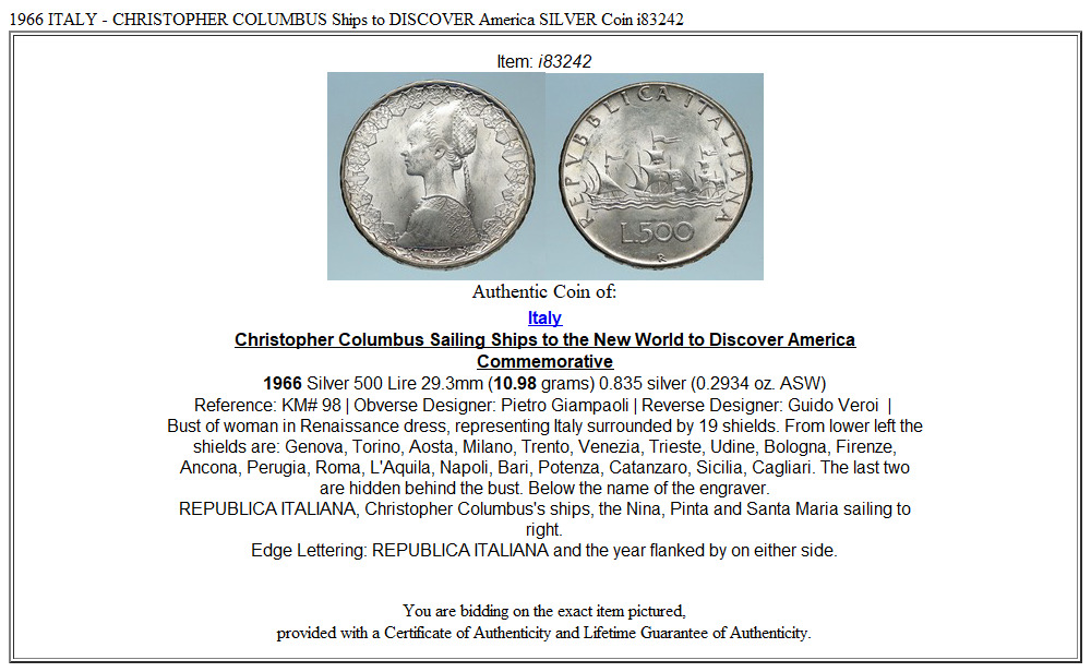 1966 ITALY - CHRISTOPHER COLUMBUS Ships to DISCOVER America SILVER Coin i83242