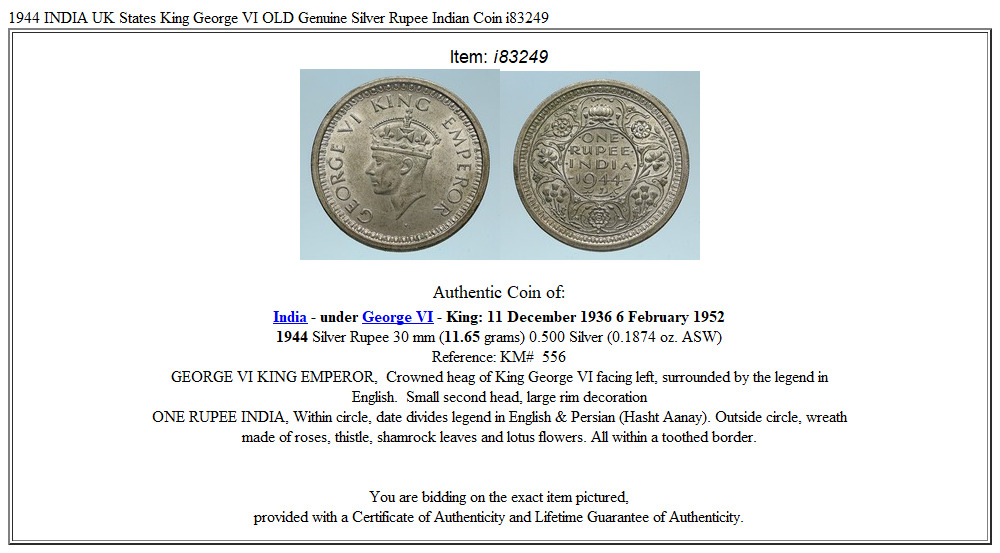 1944 INDIA UK States King George VI OLD Genuine Silver Rupee Indian Coin i83249