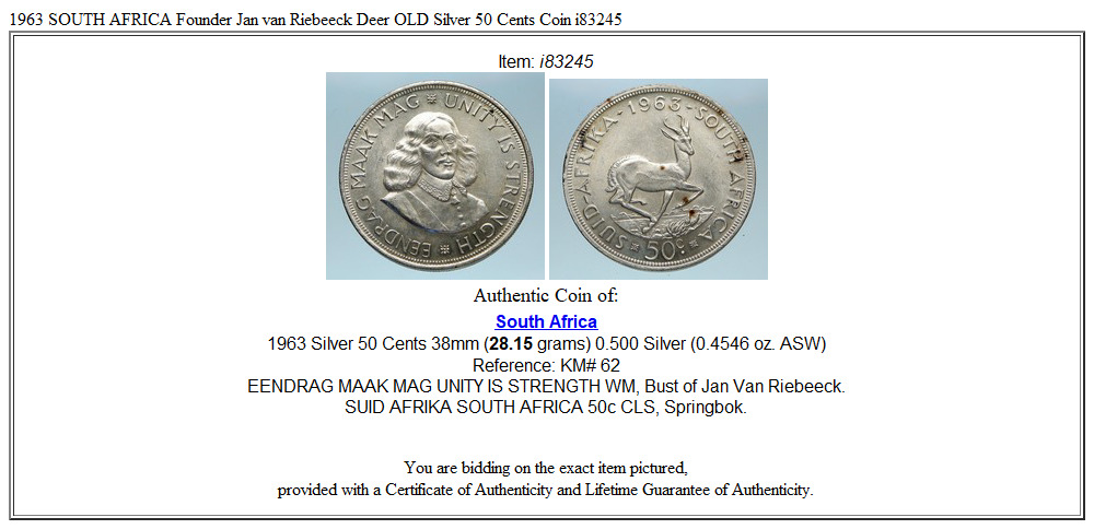 1963 SOUTH AFRICA Founder Jan van Riebeeck Deer OLD Silver 50 Cents Coin i83245