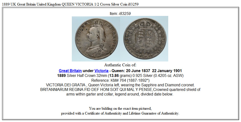 1889 UK Great Britain United Kingdom QUEEN VICTORIA 1/2 Crown Silver Coin i83259