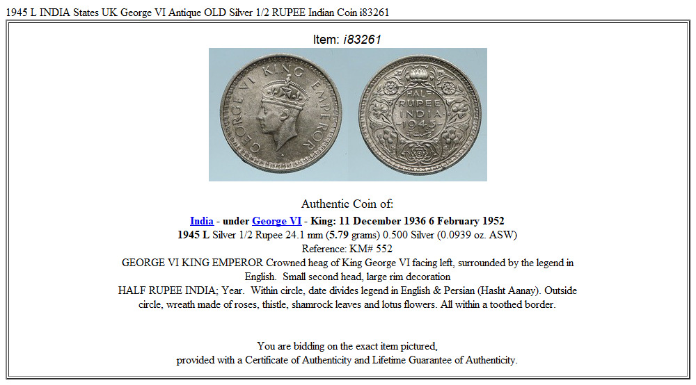 1945 L INDIA States UK George VI Antique OLD Silver 1/2 RUPEE Indian Coin i83261