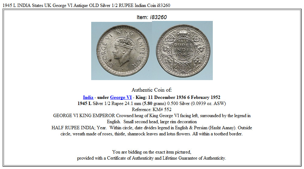 1945 L INDIA States UK George VI Antique OLD Silver 1/2 RUPEE Indian Coin i83260