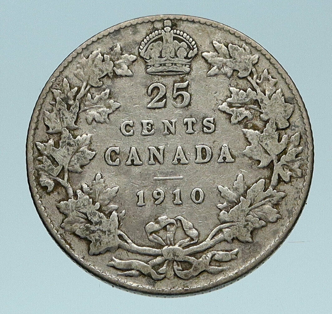 1910 CANADA UK King Edward VII w Crown OLD Genuine Silver 25 CENTS Coin i83280