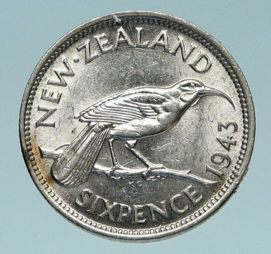 1943 NEW ZEALAND UK King George VI HUIA BIRD Antique Silver Sixpence Coin i83270