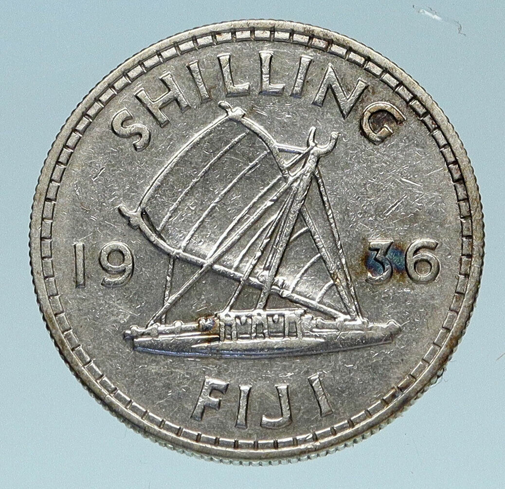 1936 FIJI UK King GEORGE V Outrigger Canoe Genuine Silver Shilling Coin i83273