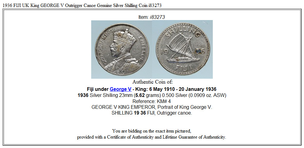 1936 FIJI UK King GEORGE V Outrigger Canoe Genuine Silver Shilling Coin i83273