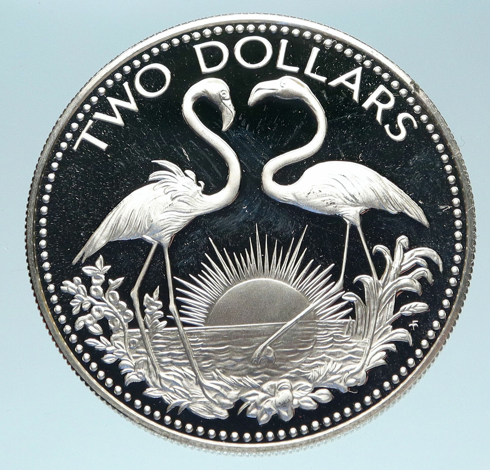 1975 The BAHAMAS Shield Arms TWO FLAMINGOS Genuine Proof Silver $2 Coin i83276