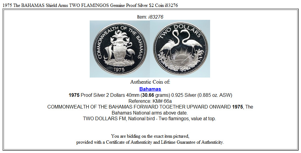 1975 The BAHAMAS Shield Arms TWO FLAMINGOS Genuine Proof Silver $2 Coin i83276