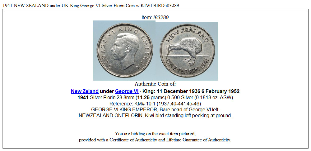 1941 NEW ZEALAND under UK King George VI Silver Florin Coin w KIWI BIRD i83289