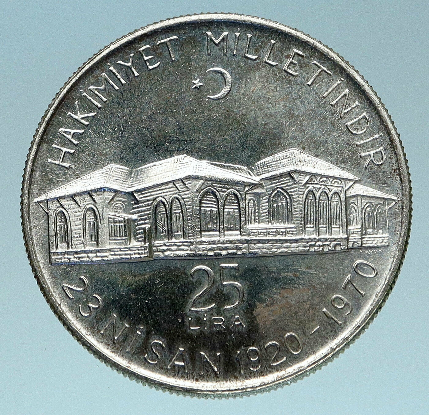 1970 TURKEY National Assembly in ANKARA Old Building Silver 25 Lira Coin i83285