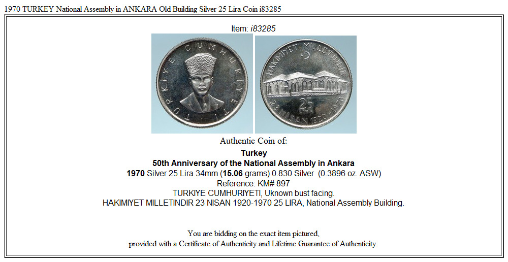 1970 TURKEY National Assembly in ANKARA Old Building Silver 25 Lira Coin i83285