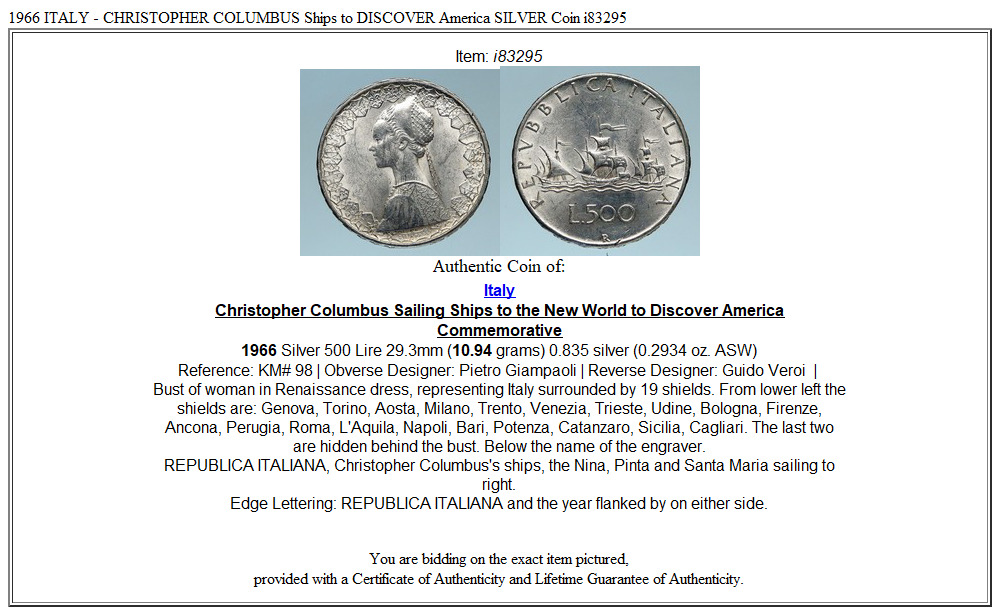 1966 ITALY - CHRISTOPHER COLUMBUS Ships to DISCOVER America SILVER Coin i83295