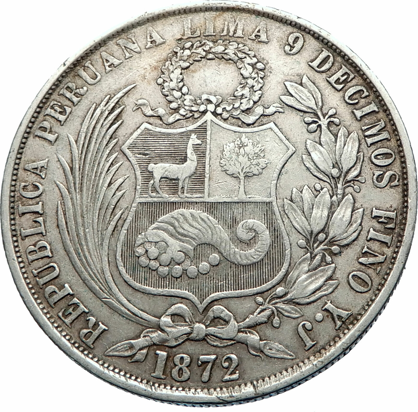 1874 YJ PERU South America 1 SOL Antique Original Silver Peruvian Coin i83331