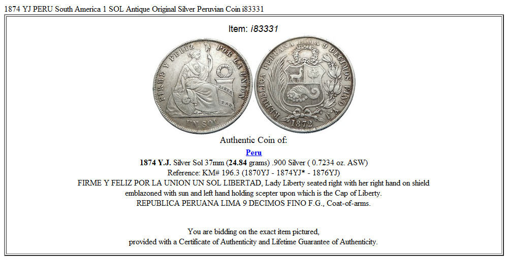 1874 YJ PERU South America 1 SOL Antique Original Silver Peruvian Coin i83331