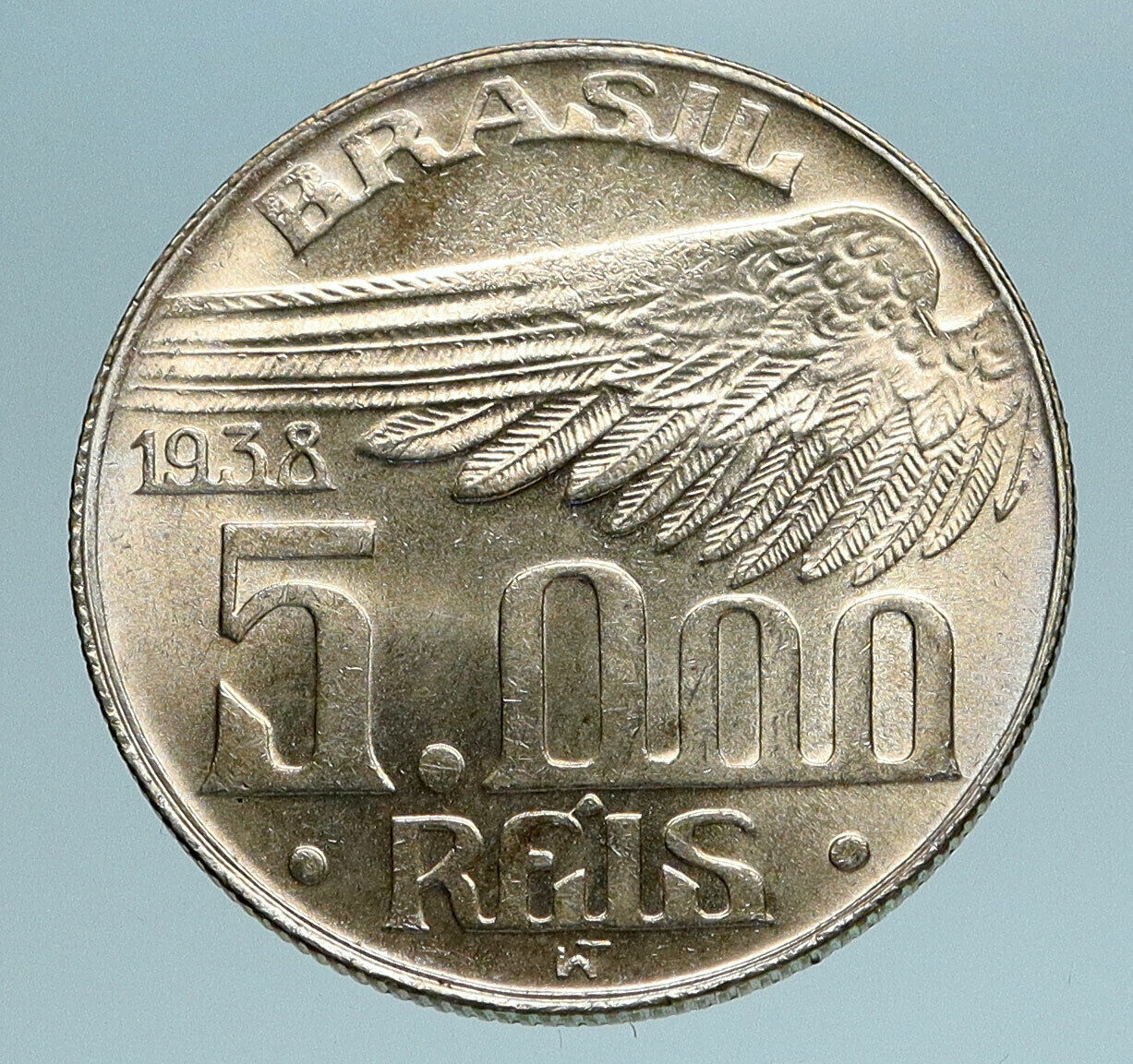 1938 BRAZIL Alberto Santos Dumont AVIATION Antique Silver 5000 Reis Coin i83306