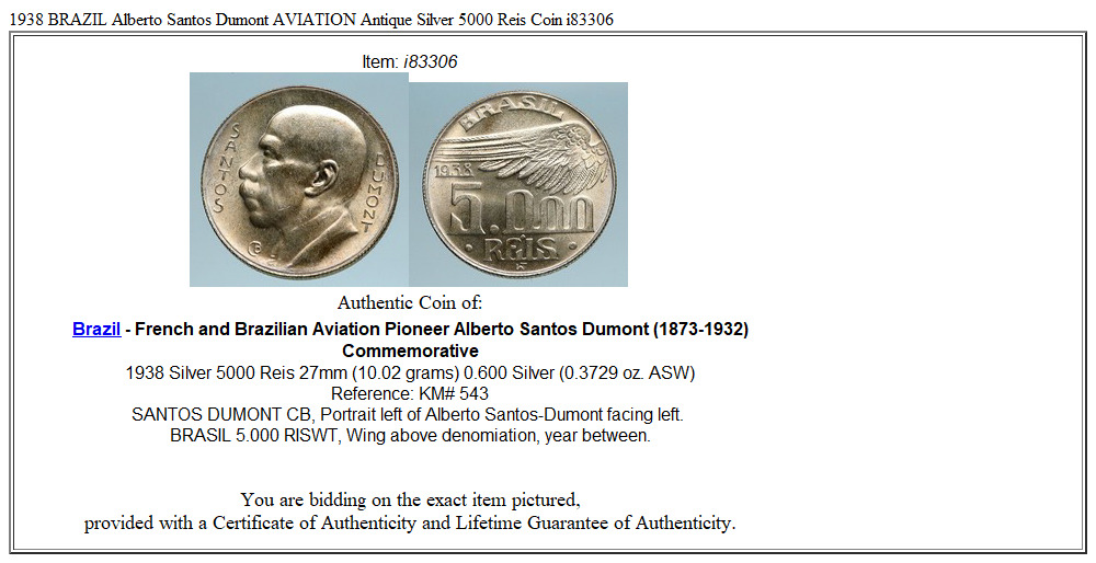 1938 BRAZIL Alberto Santos Dumont AVIATION Antique Silver 5000 Reis Coin i83306