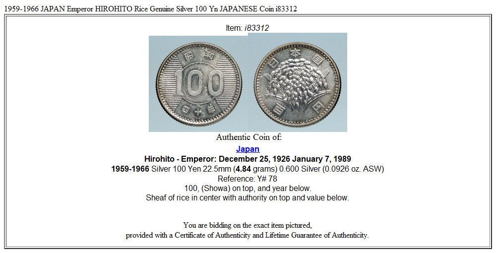 1959-1966 JAPAN Emperor HIROHITO Rice Genuine Silver 100 Yn JAPANESE Coin i83312