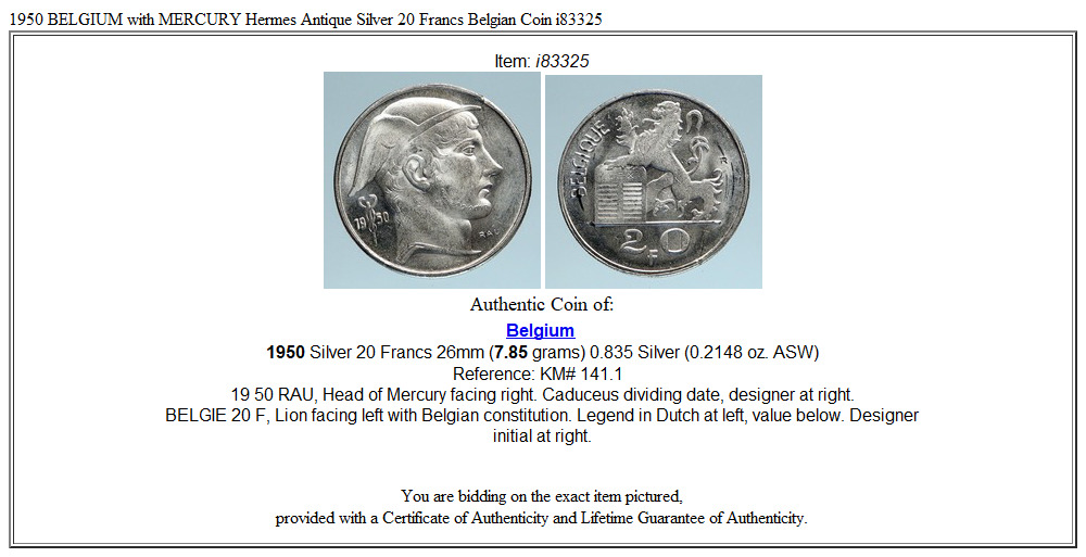 1950 BELGIUM with MERCURY Hermes Antique Silver 20 Francs Belgian Coin i83325